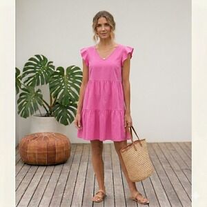 Goodthreads Tiered Mini Dress Women's XS Linen Cotton Barbie Pink Cap Sleeves